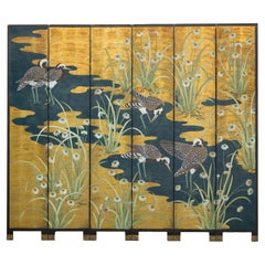 Biombo Decorativo Vintage Chinoiserie de Seis Paneles con Pájaros y Paisaje Dorado