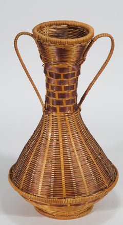 Vintage Chinoiserie Split Bamboo Basket Woven Vase with Handles