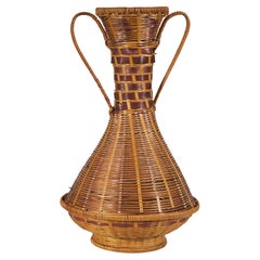 Vaso con cesto di bambù intrecciato e manici in stile cineseria vintage