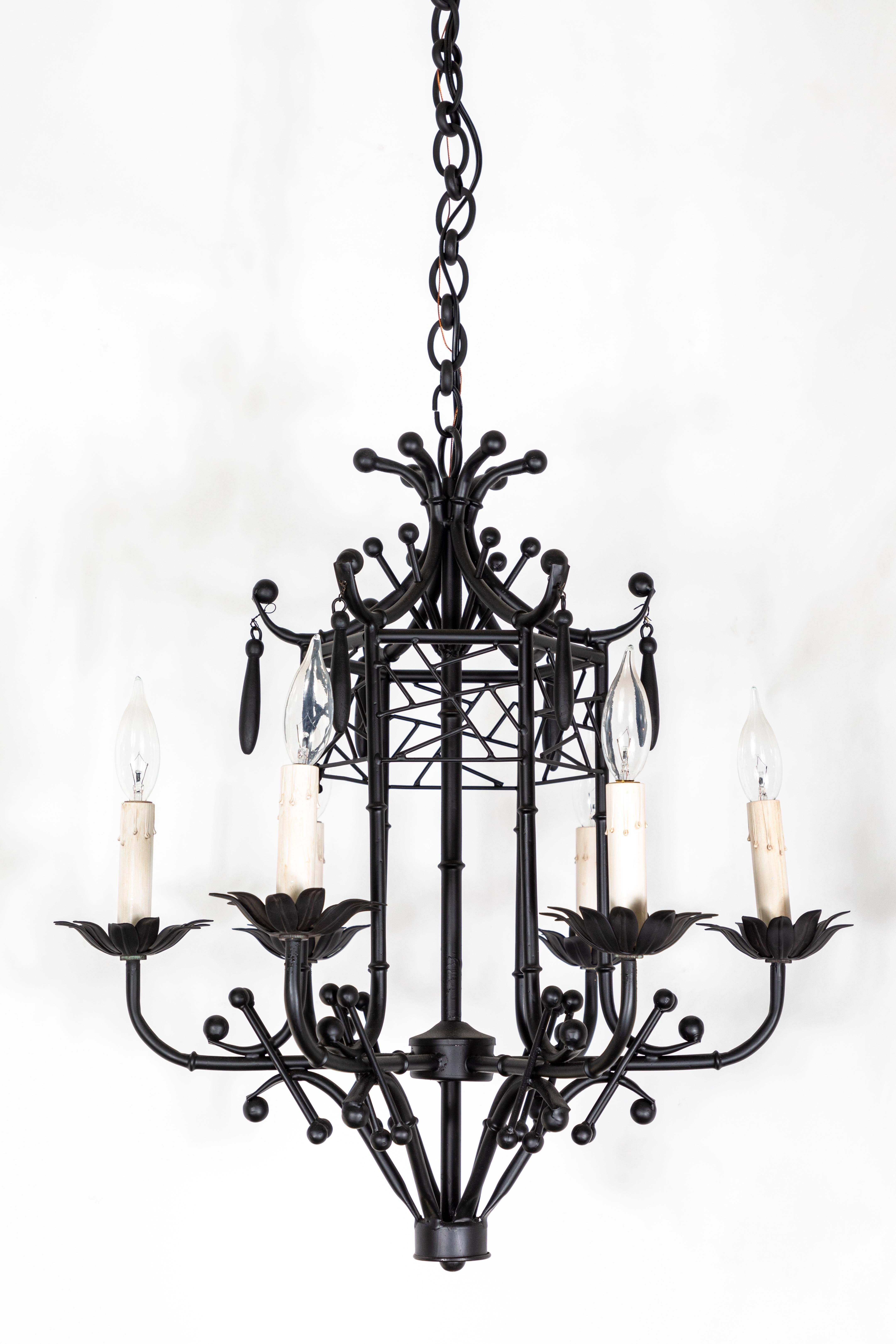 Powder-Coated Vintage Chinoiserie Style 6-Arm Hanging Chandelier in Faux Bamboo