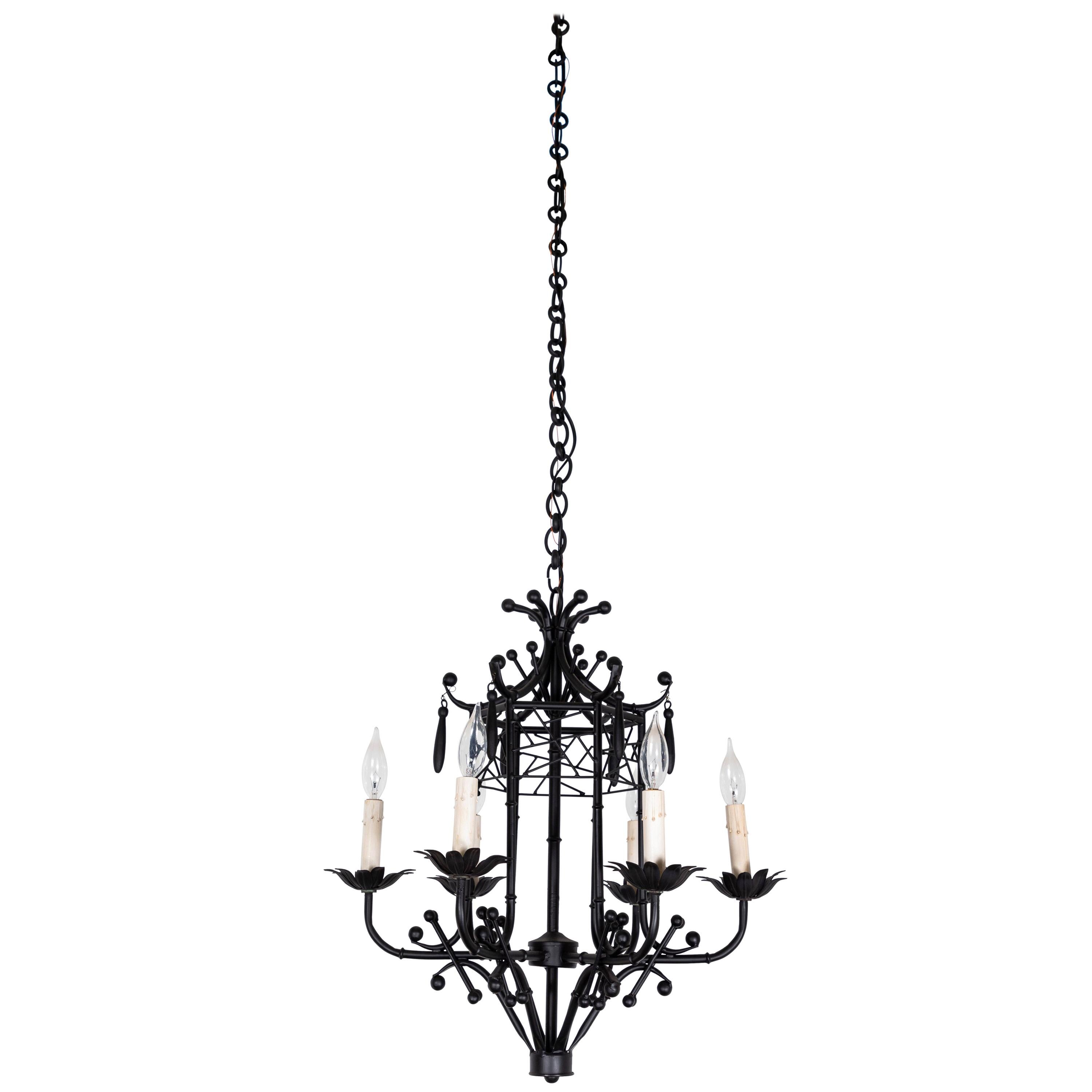 Vintage Chinoiserie Style 6-Arm Hanging Chandelier in Faux Bamboo