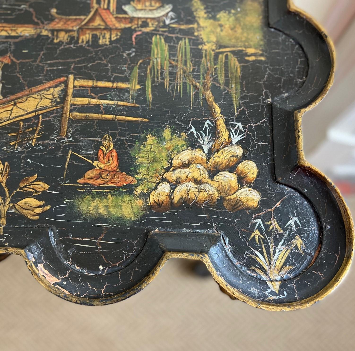 Vintage Chinoiserie Style Black and Gold Painted Side Table with Crackle Finish In Good Condition In Morristown, NJ