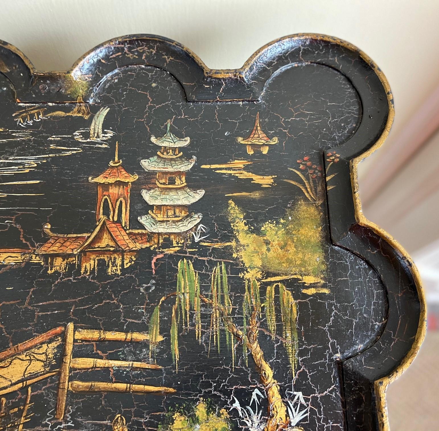 Late 20th Century Vintage Chinoiserie Style Black and Gold Painted Side Table with Crackle Finish