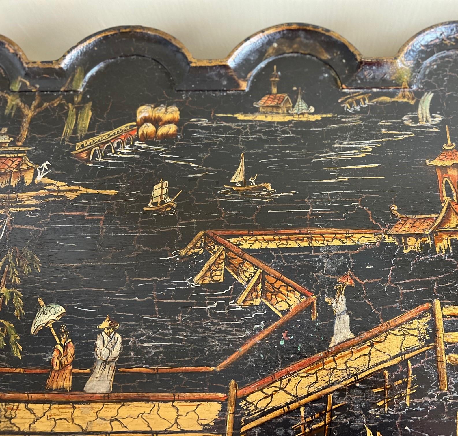 Wood Vintage Chinoiserie Style Black and Gold Painted Side Table with Crackle Finish