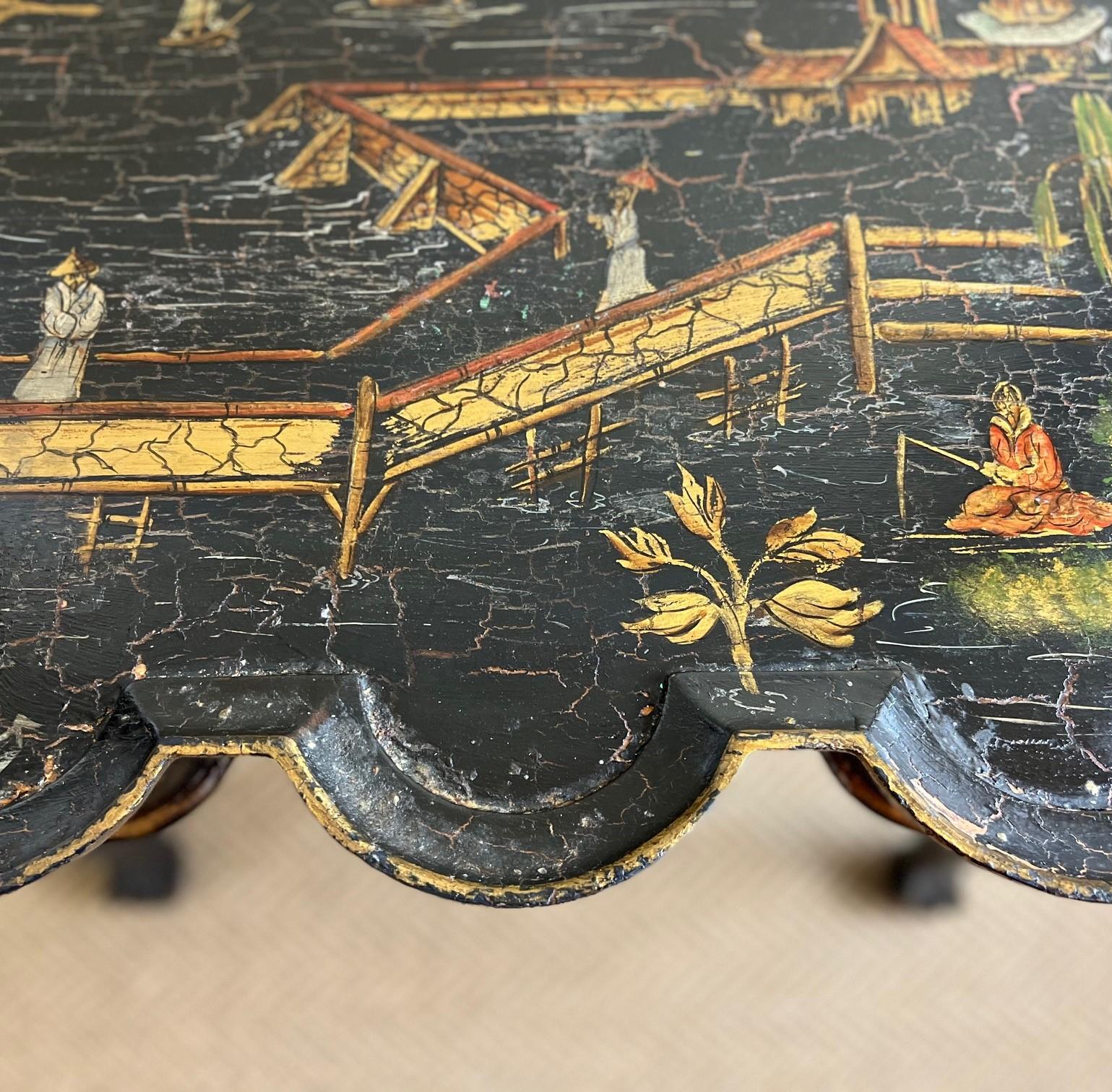 Vintage Chinoiserie Style Black and Gold Painted Side Table with Crackle Finish 1
