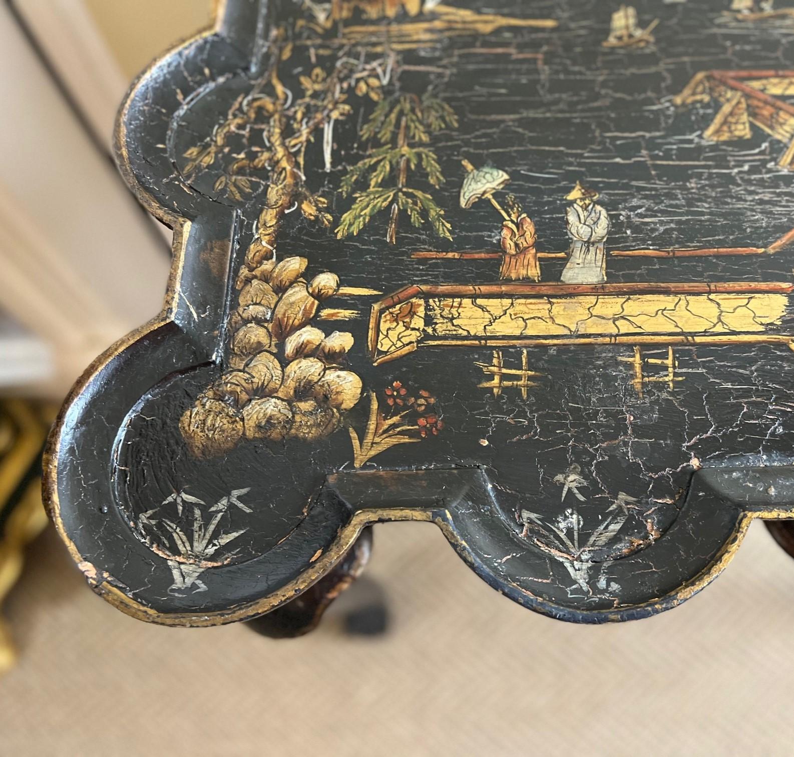 Vintage Chinoiserie Style Black and Gold Painted Side Table with Crackle Finish 2