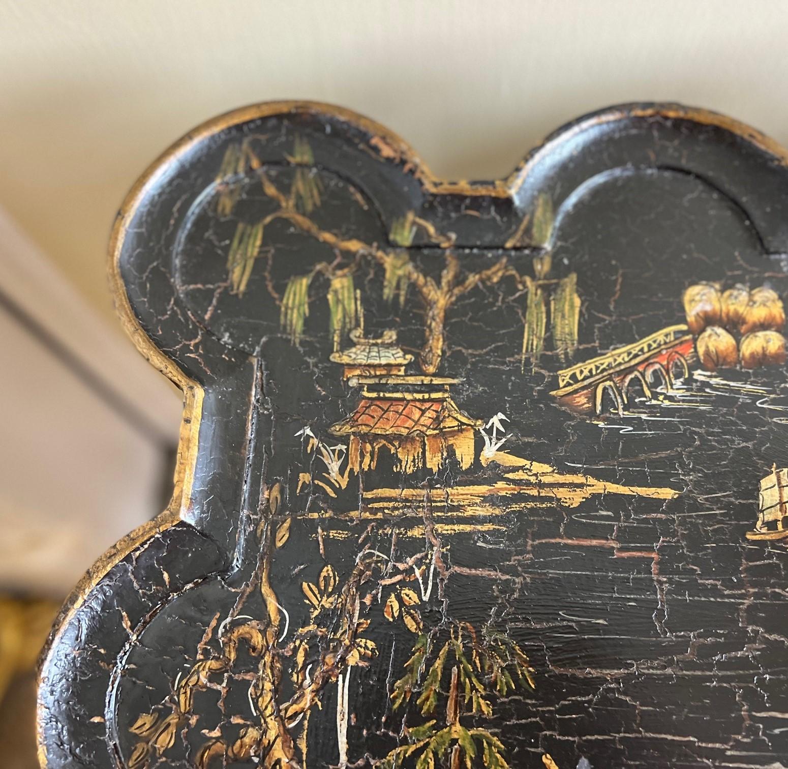 Vintage Chinoiserie Style Black and Gold Painted Side Table with Crackle Finish 3