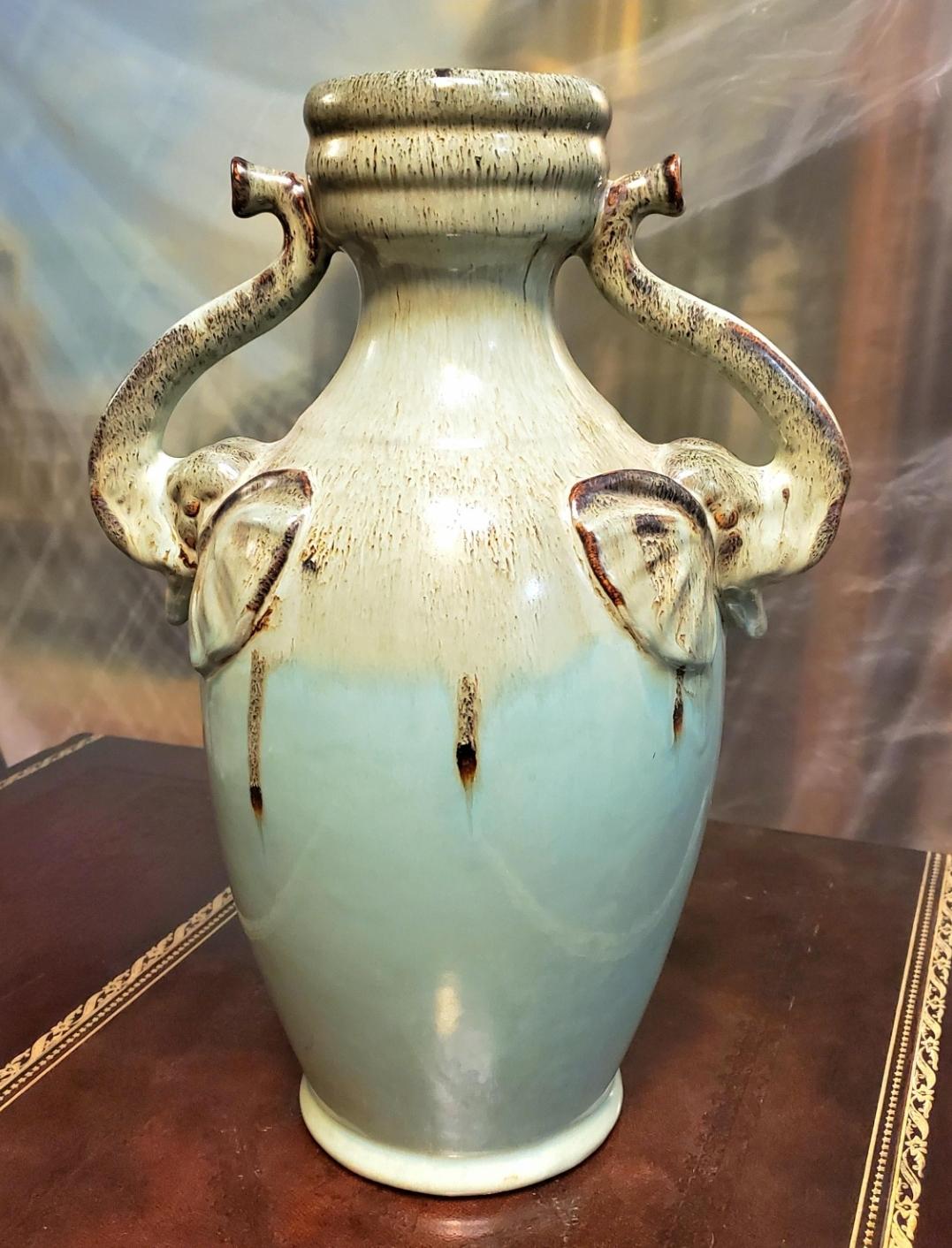 Folk Art Vintage Chinoiserie-Style Double Elephant Amphora Drip Vase For Sale