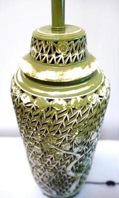 Vintage Chinoiserie Style Olive Green, White Rare Pierced Monumental Table Lamp