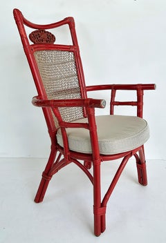 Vintage Chinoiserie Style Red Lacquered Rattan Armchair with Upholstered Seat