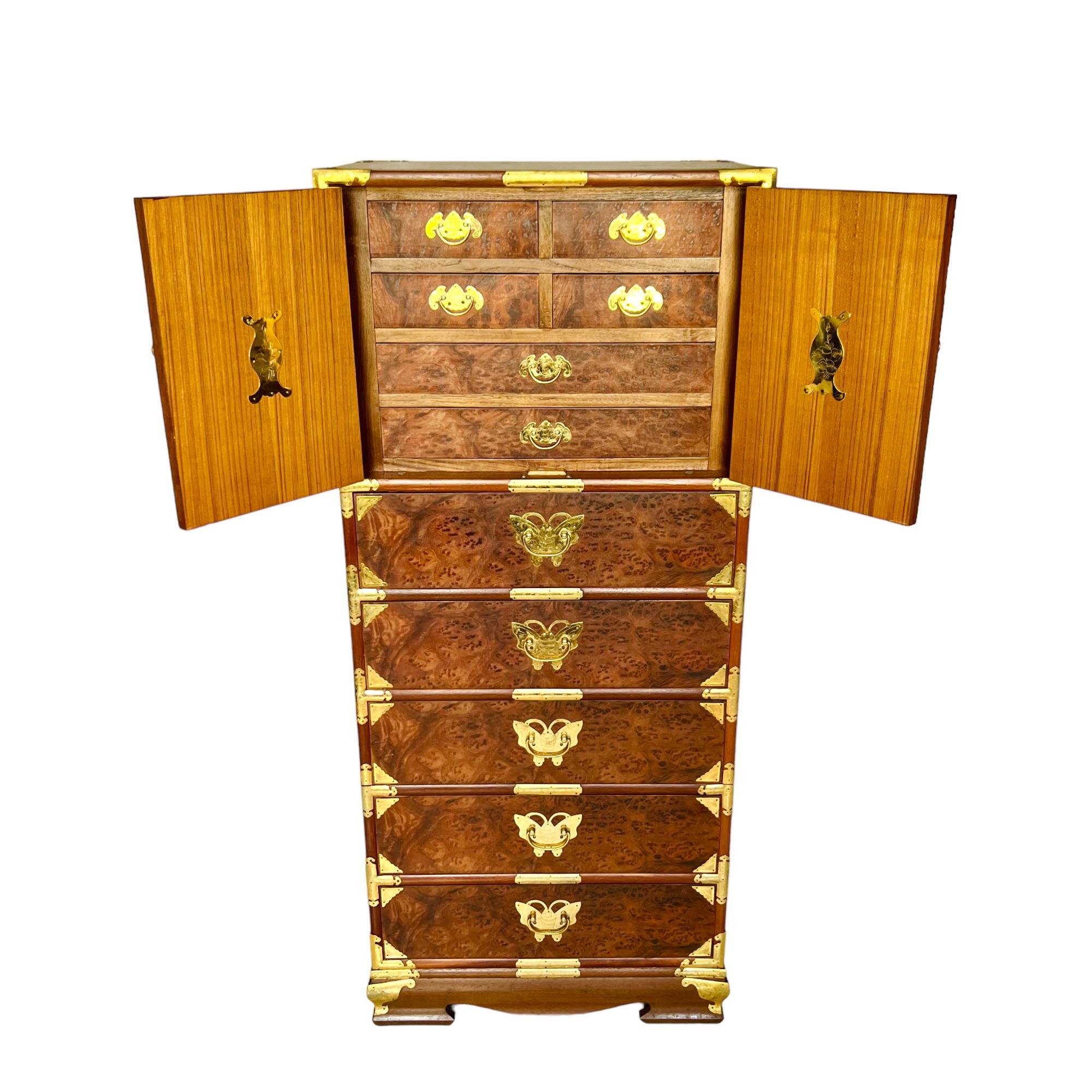 Vintage Chinoiserie Teak & Burl Brass Mounted Lingerie Chest In Good Condition In Harlingen, TX