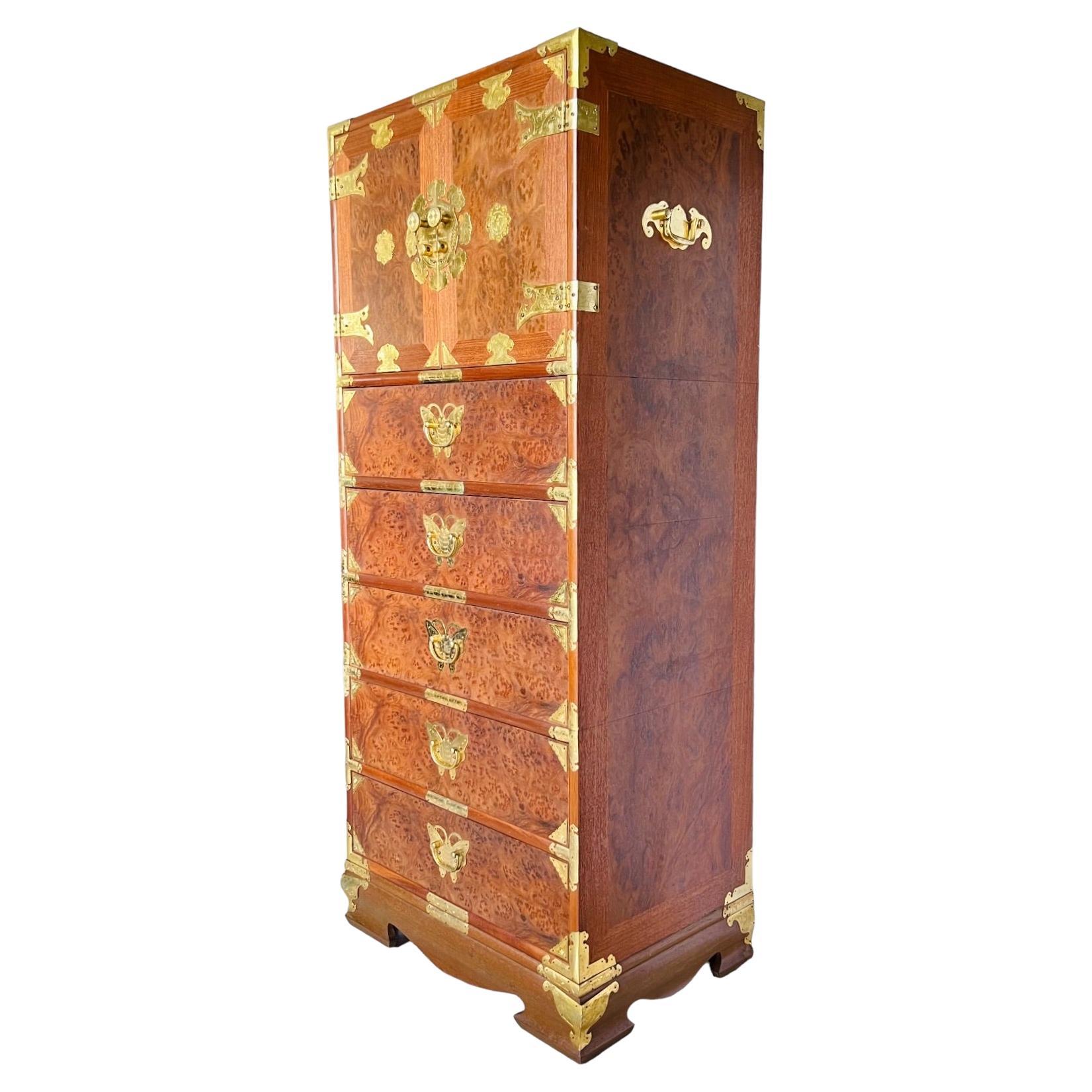 Vintage Chinoiserie Teak & Burl Brass Mounted Lingerie Chest