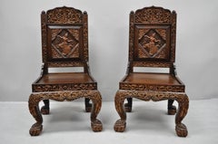 Vintage Chinoiserie Thai Oriental Carved Teak Wood Dining Side Chairs - a Pair