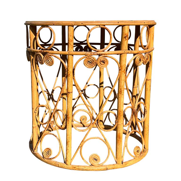 Hong Kong Vintage Chinoiserie Tiger Bamboo Side Table with Cane Top and Scrollwork For Sale