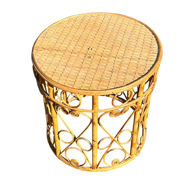 20th Century Vintage Chinoiserie Tiger Bamboo Side Table with Cane Top and Scrollwork For Sale
