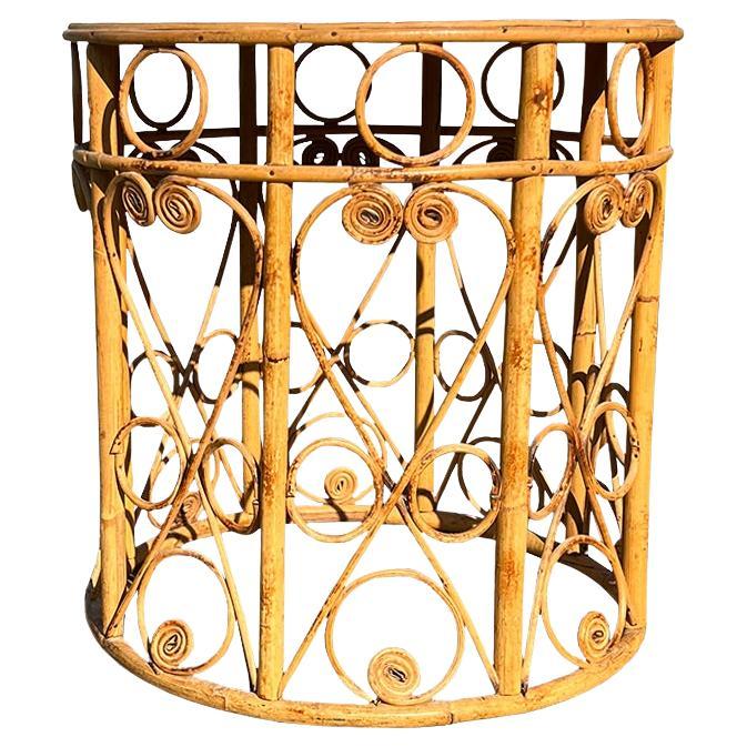 Vintage Chinoiserie Tiger Bamboo Side Table with Cane Top and Scrollwork For Sale
