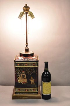 Vintage Chinoiserie Tole Metal Square English Tea Canister Table Lamps - a Pair