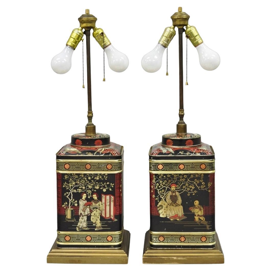 Vintage Chinoiserie Tole Metal Square English Tea Canister Table Lamps - a Pair