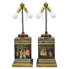 Vintage Chinoiserie Tole Metal Square English Tea Canister Table Lamps - a Pair