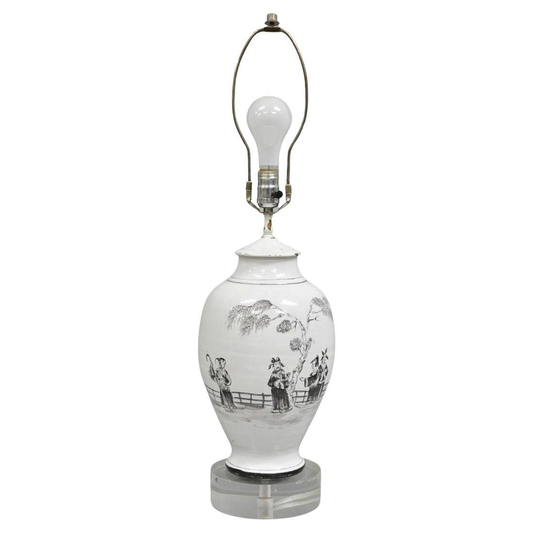 Vintage Chinoiserie White Ceramic Jardiniere Vase Oriental Table Lamp on Lucite
