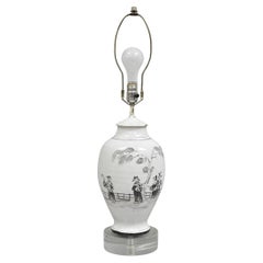 Vintage Chinoiserie White Ceramic Jardiniere Vase Oriental Table Lamp on Lucite