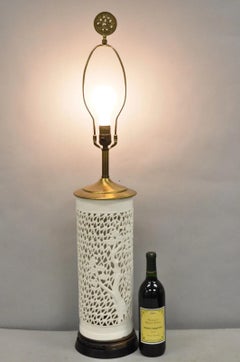 Vintage Chinoiserie White Porcelain Fretwork Cherry Blossom Tree Table Lamp