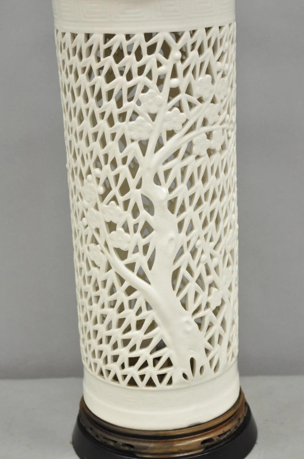 Unknown Vintage Chinoiserie White Porcelain Fretwork Cherry Blossom Tree Table Lamp For Sale