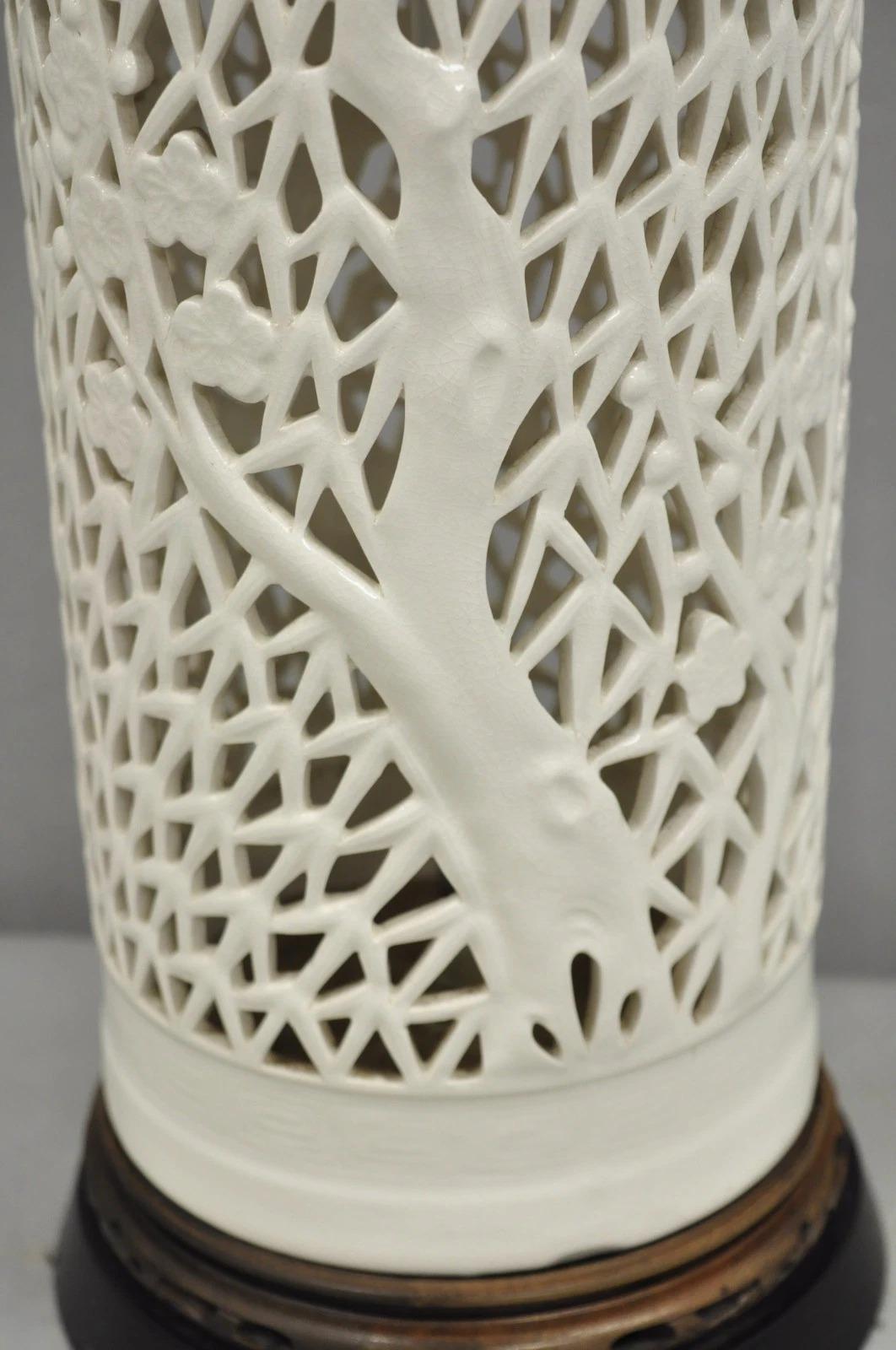 20th Century Vintage Chinoiserie White Porcelain Fretwork Cherry Blossom Tree Table Lamp For Sale