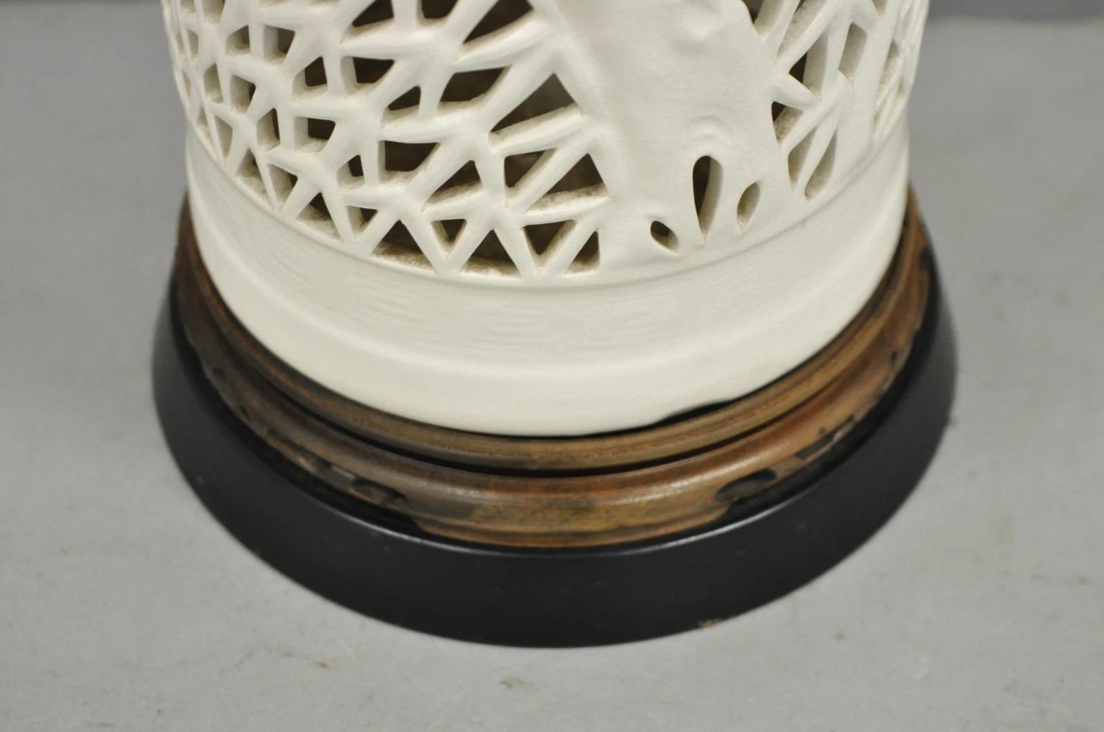 Vintage Chinoiserie White Porcelain Fretwork Cherry Blossom Tree Table Lamp For Sale 4