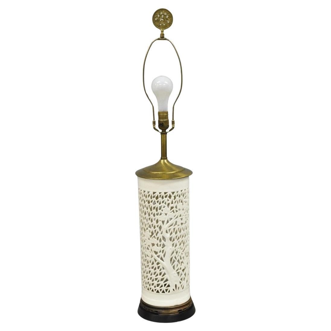 Vintage Chinoiserie White Porcelain Fretwork Cherry Blossom Tree Table Lamp For Sale