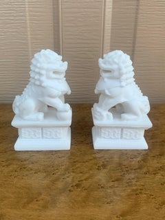 Vintage Chinoiserie White Stone Foo Dog Statues, Pair