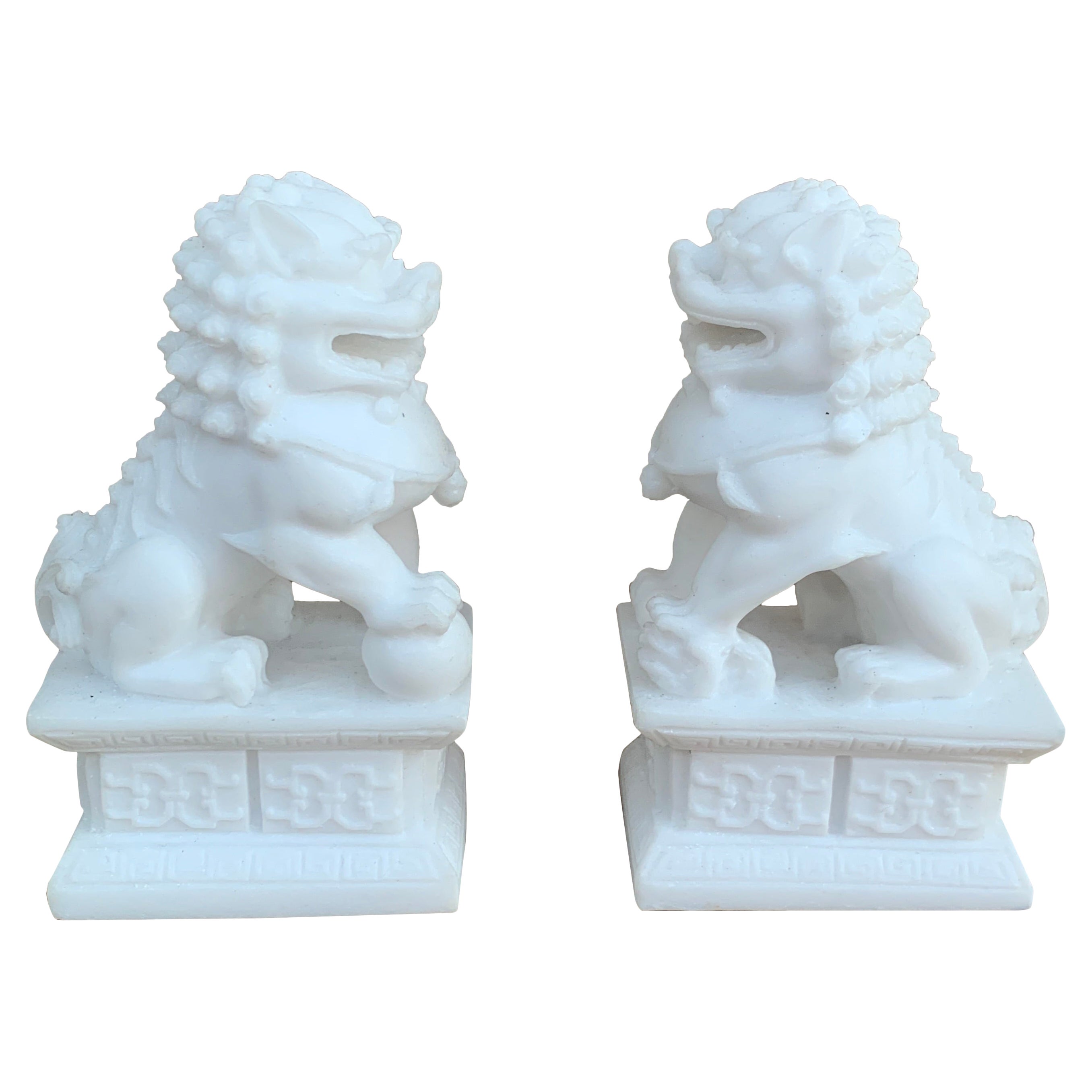 Vintage Chinoiserie White Stone Foo Dog Statues, Pair