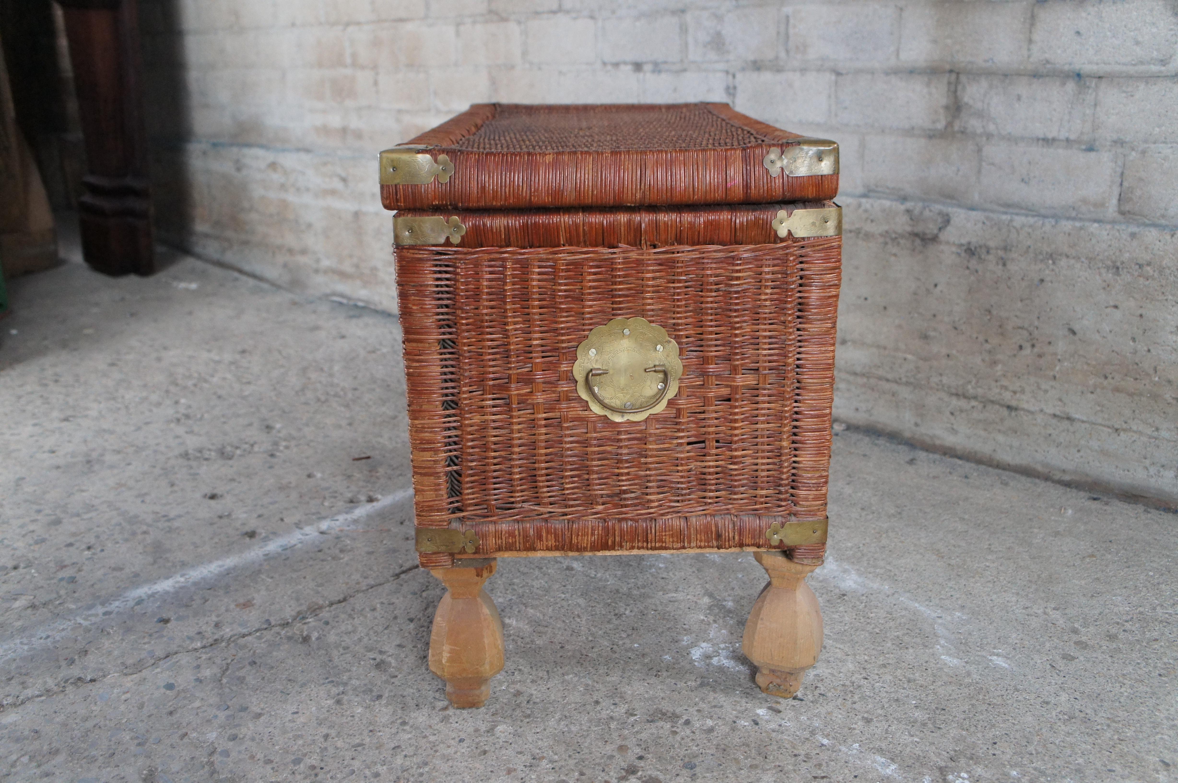 Vintage Chinoiserie Wicker & Brass Trunk Storage Chest Footed Trunk Boho Chic 6