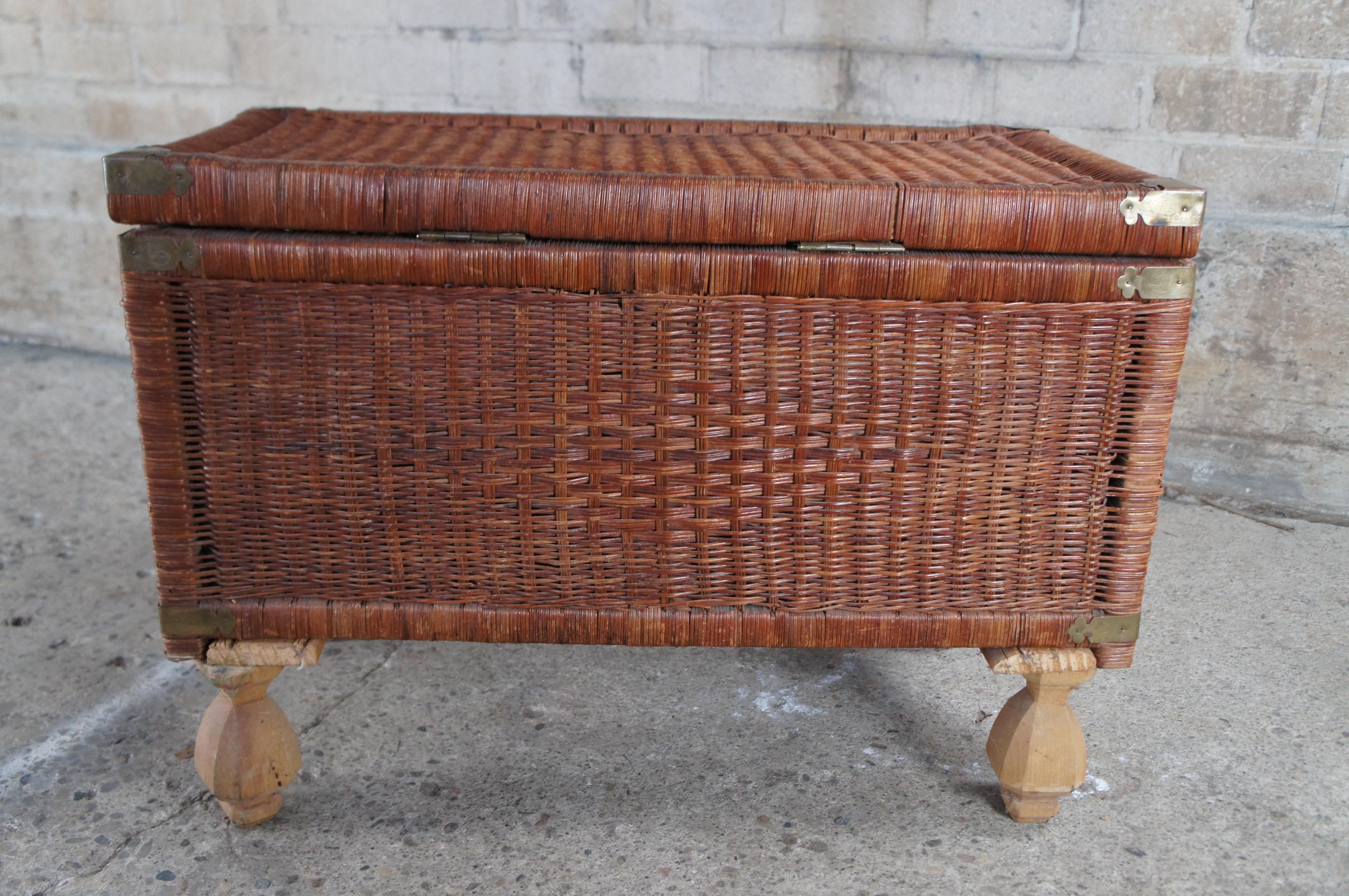 Vintage Chinoiserie Wicker & Brass Trunk Storage Chest Footed Trunk Boho Chic 8