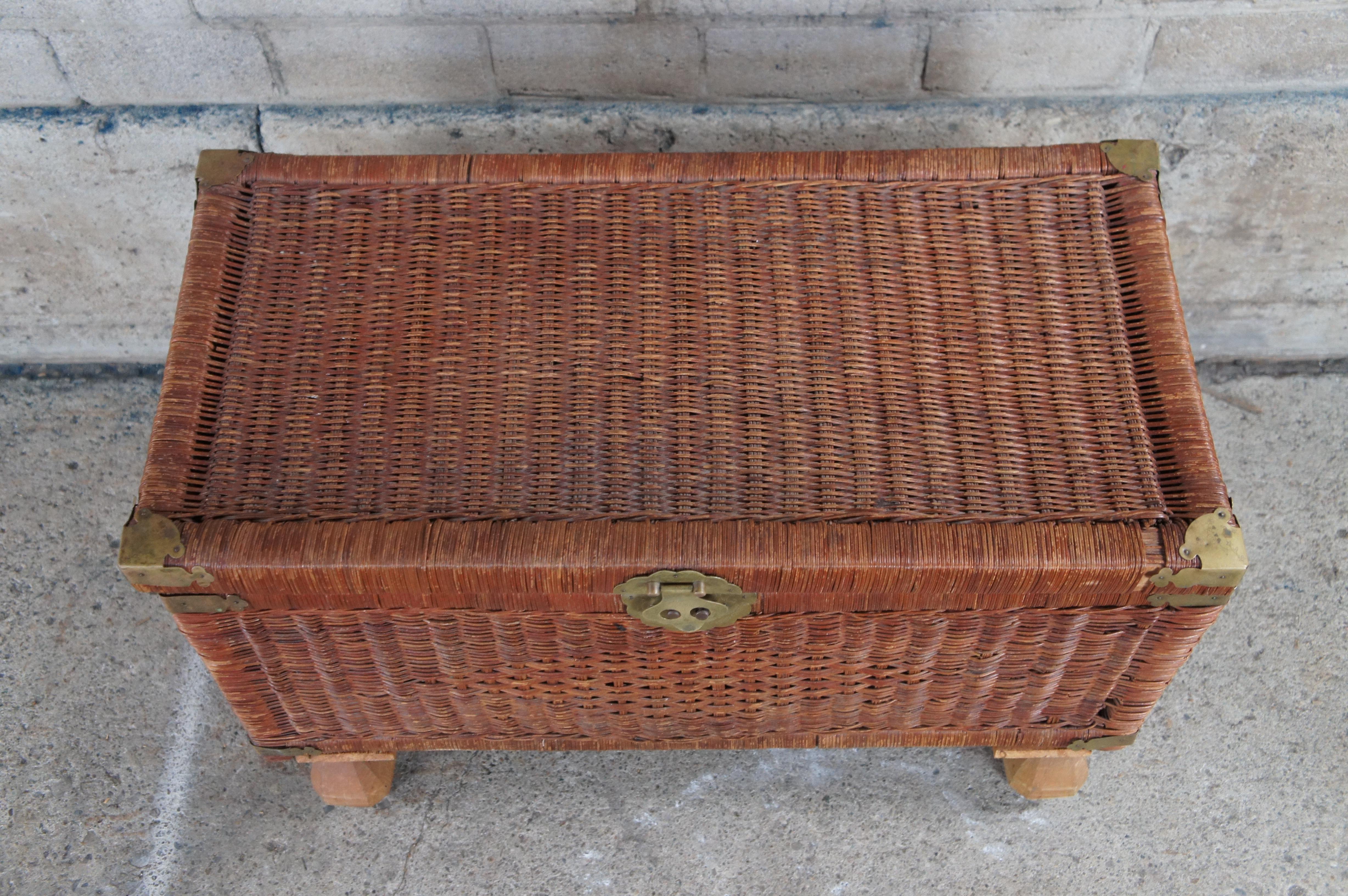 Late 20th Century Vintage Chinoiserie Wicker & Brass Trunk Storage Chest Footed Trunk Boho Chic