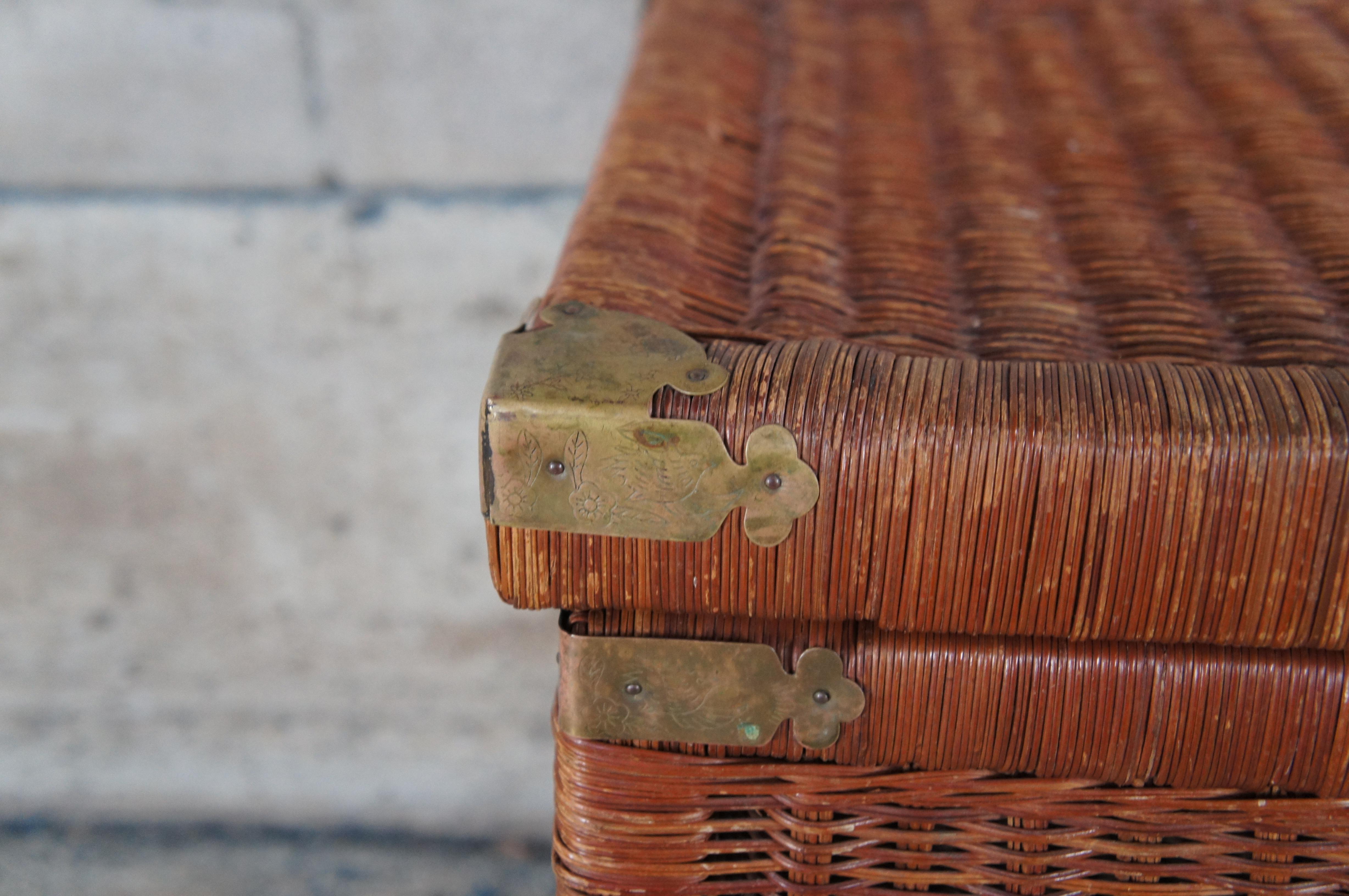 Vintage Chinoiserie Wicker & Brass Trunk Storage Chest Footed Trunk Boho Chic 1