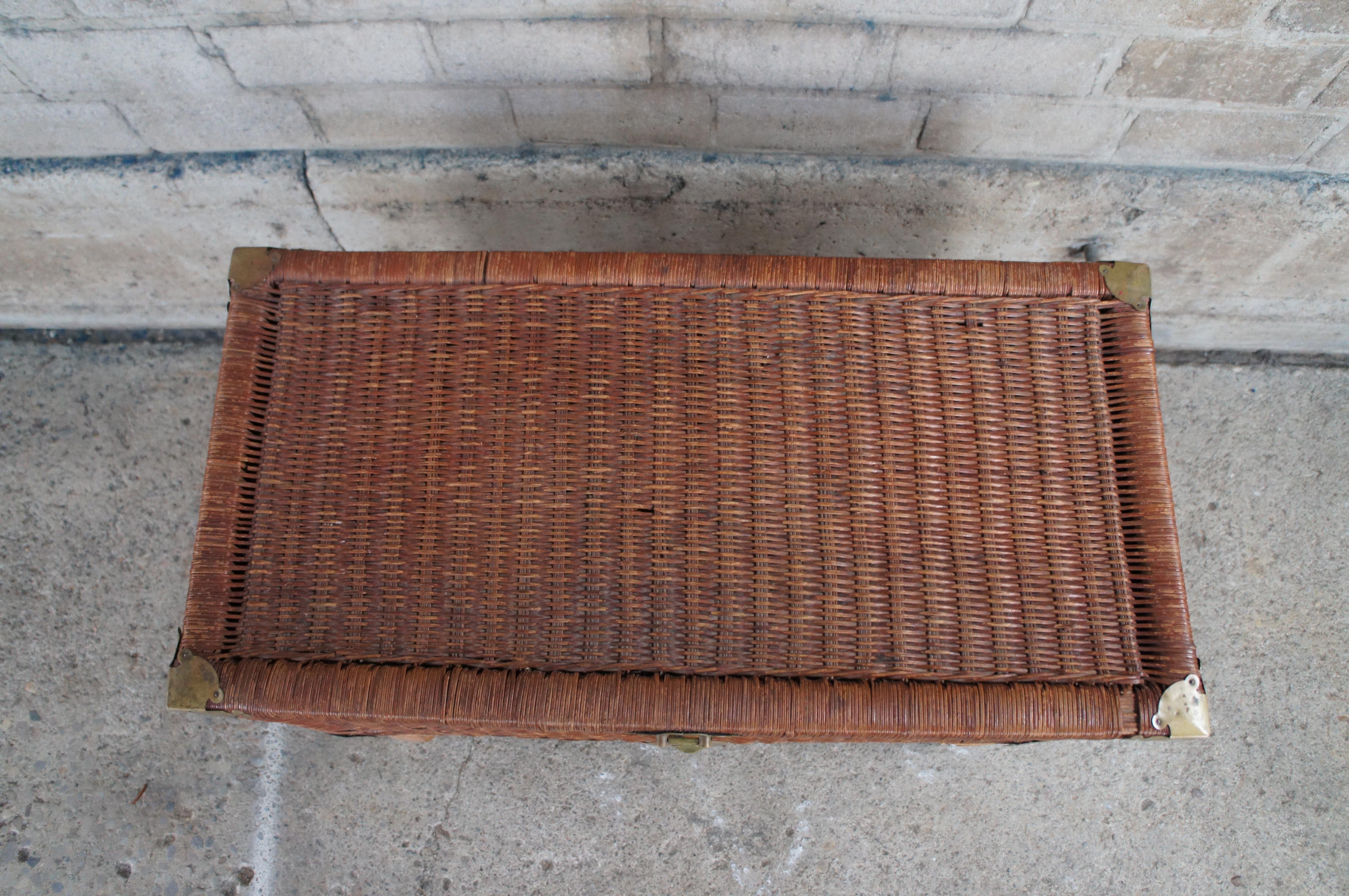 Vintage Chinoiserie Wicker & Brass Trunk Storage Chest Footed Trunk Boho Chic 3