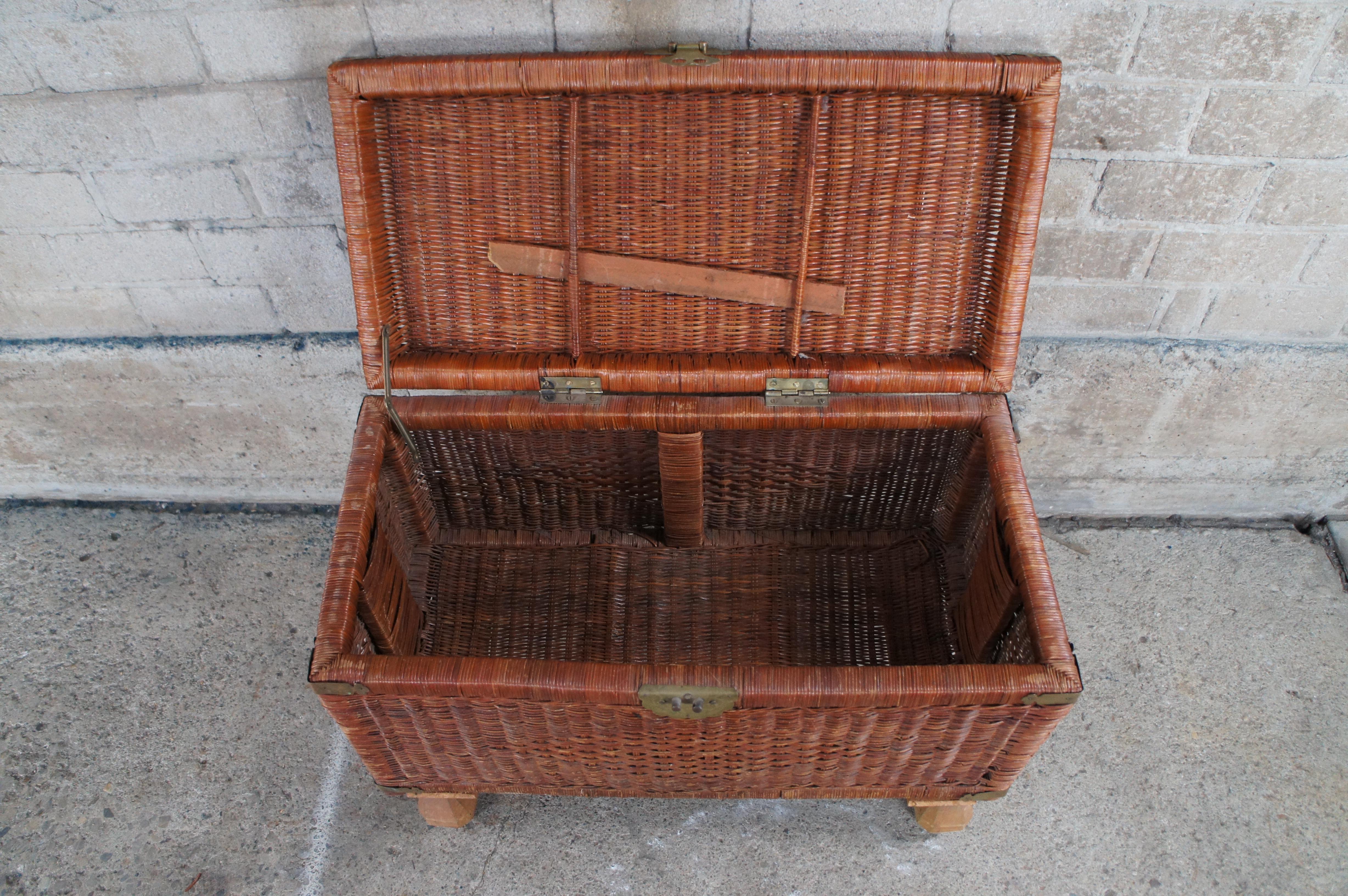 Vintage Chinoiserie Wicker & Brass Trunk Storage Chest Footed Trunk Boho Chic 4