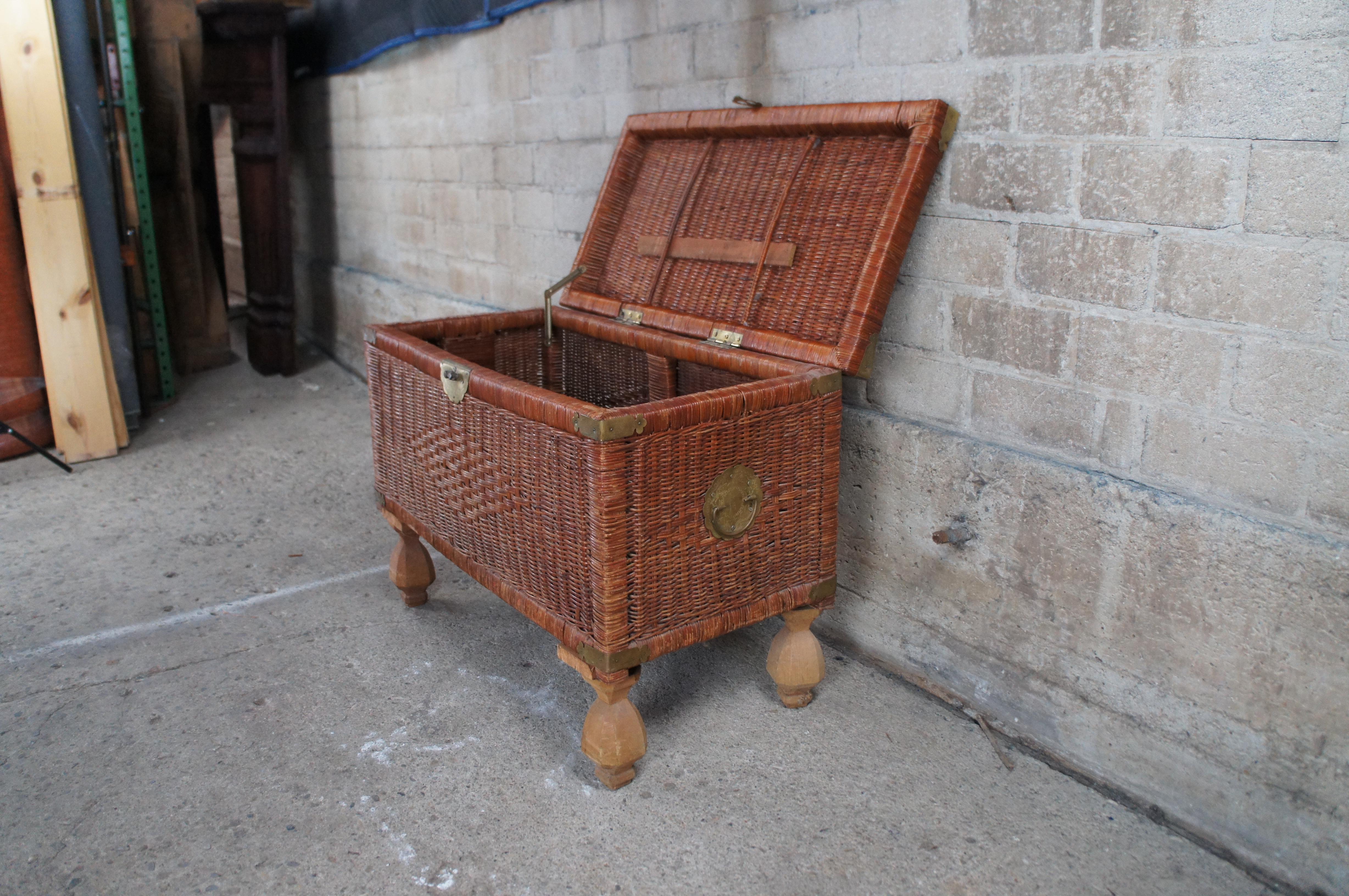 Vintage Chinoiserie Wicker & Brass Trunk Storage Chest Footed Trunk Boho Chic 5
