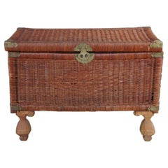 Vintage Chinoiserie Wicker & Brass Trunk Storage Chest Footed Trunk Boho Chic