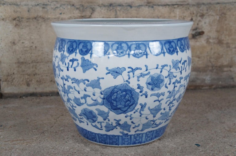 Vintage Chinse Ceramic Blue and White Fish Bowl Planter Floral