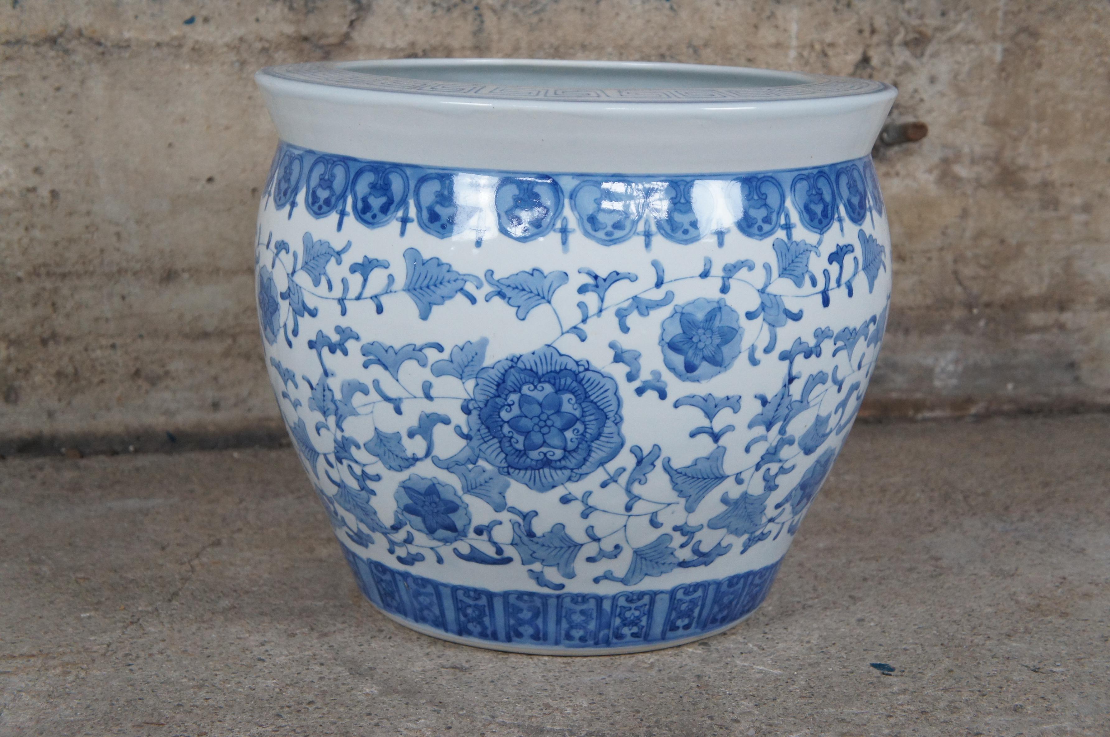 Porcelain Vintage Chinse Ceramic Blue & White Fish Bowl Planter Floral Chinoiserie Pot For Sale