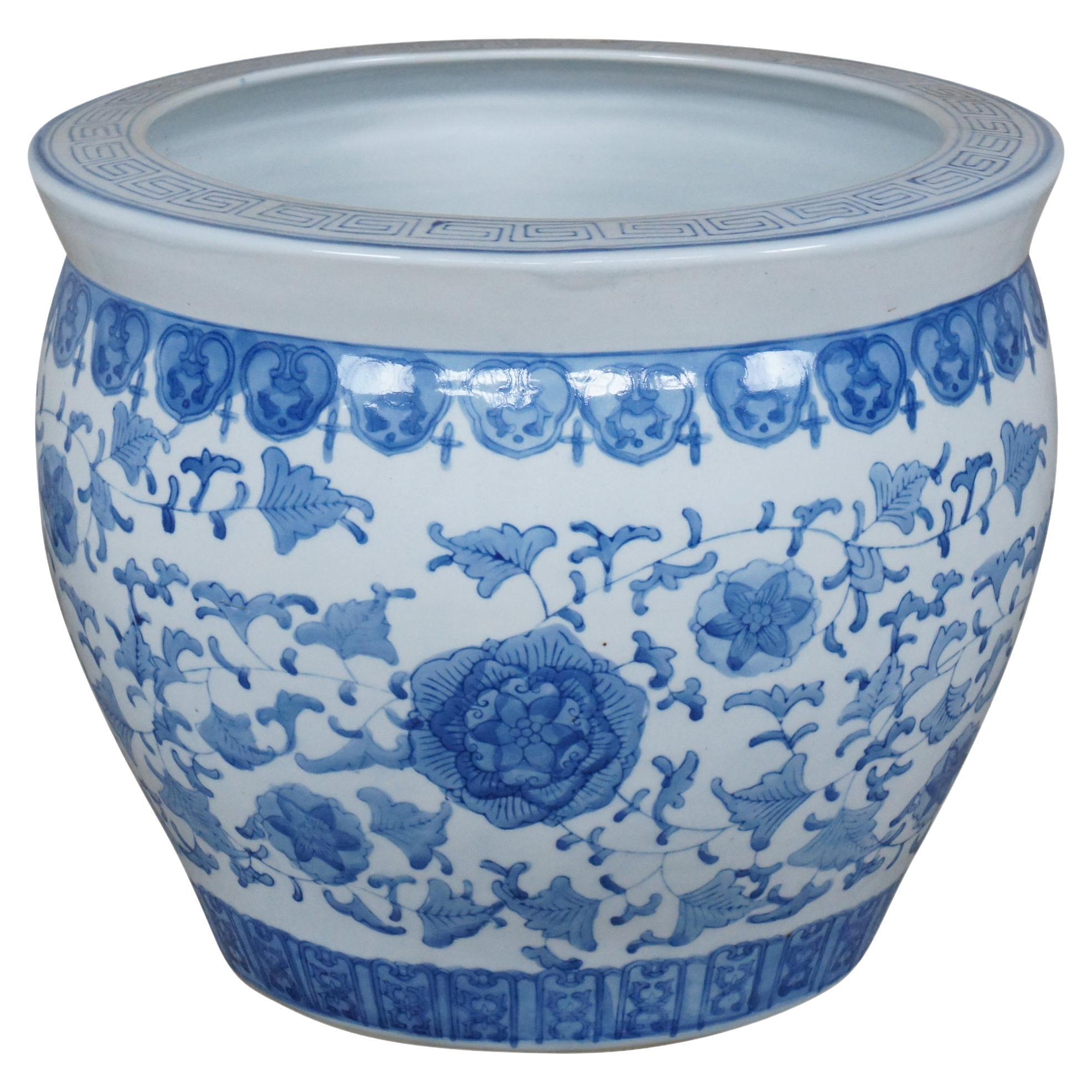 Vintage Chinse Ceramic Blue & White Fish Bowl Planter Floral Chinoiserie Pot For Sale