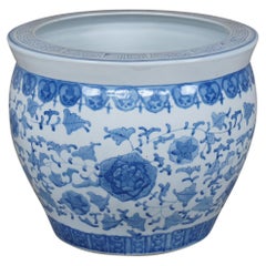 Vintage Chinse Ceramic Blue & White Fish Bowl Planter Floral Chinoiserie Pot