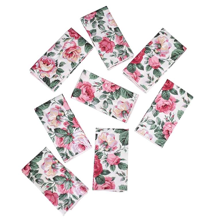 Vintage Chintz Floral Cloth Dinner Napkins in Pink and Green, Set of 8
