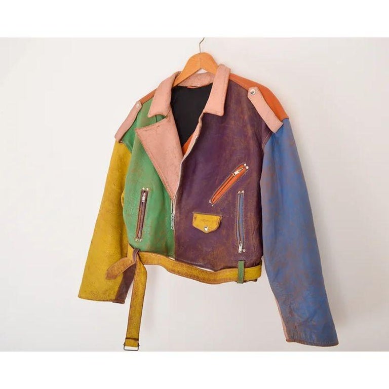 Vintage Chipie 1990's Colourful Leather Biker Jacket For Sale at 1stDibs