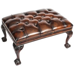 Vintage Chippendale Ball & Claw Buttoned Leather Stool, Mid 20th Century