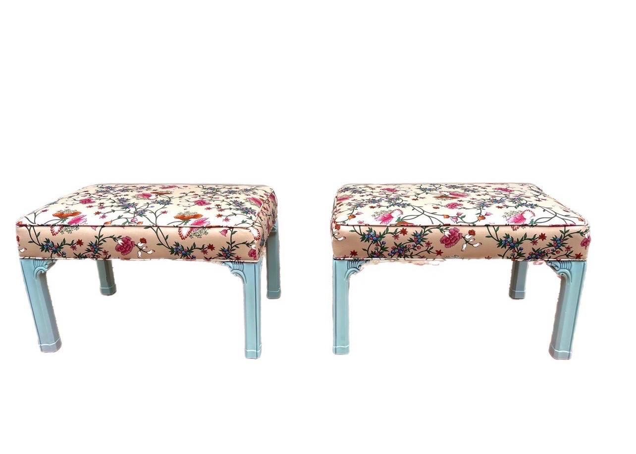 A fantastic pair of semi-gloss lacquered Chinese chippendale benches that have been newly upholstered in Vintage Bassett McNab 