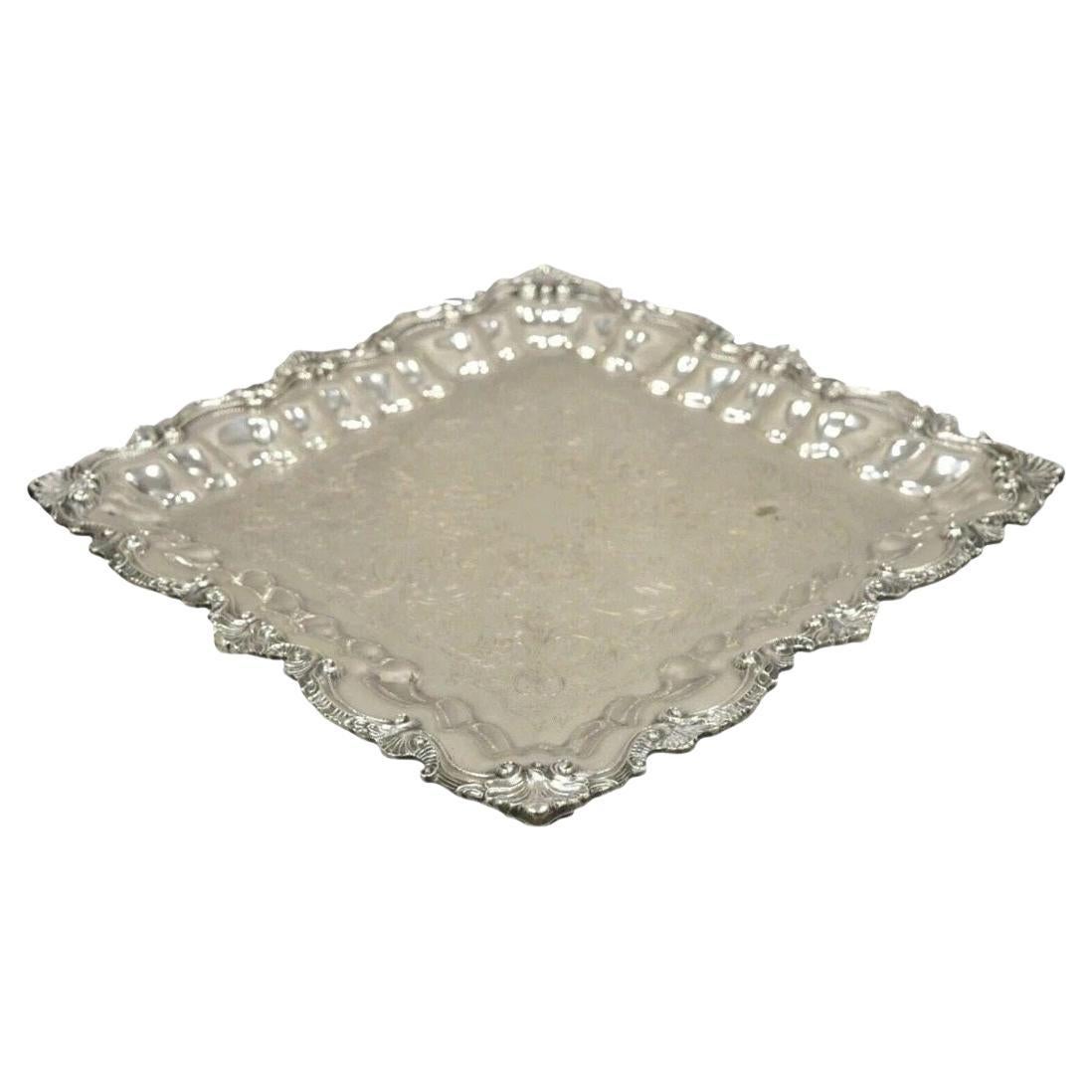 Vintage Chippendale by Wallace Silver Plated 16" Square Bar Platter Tray on Feet For Sale