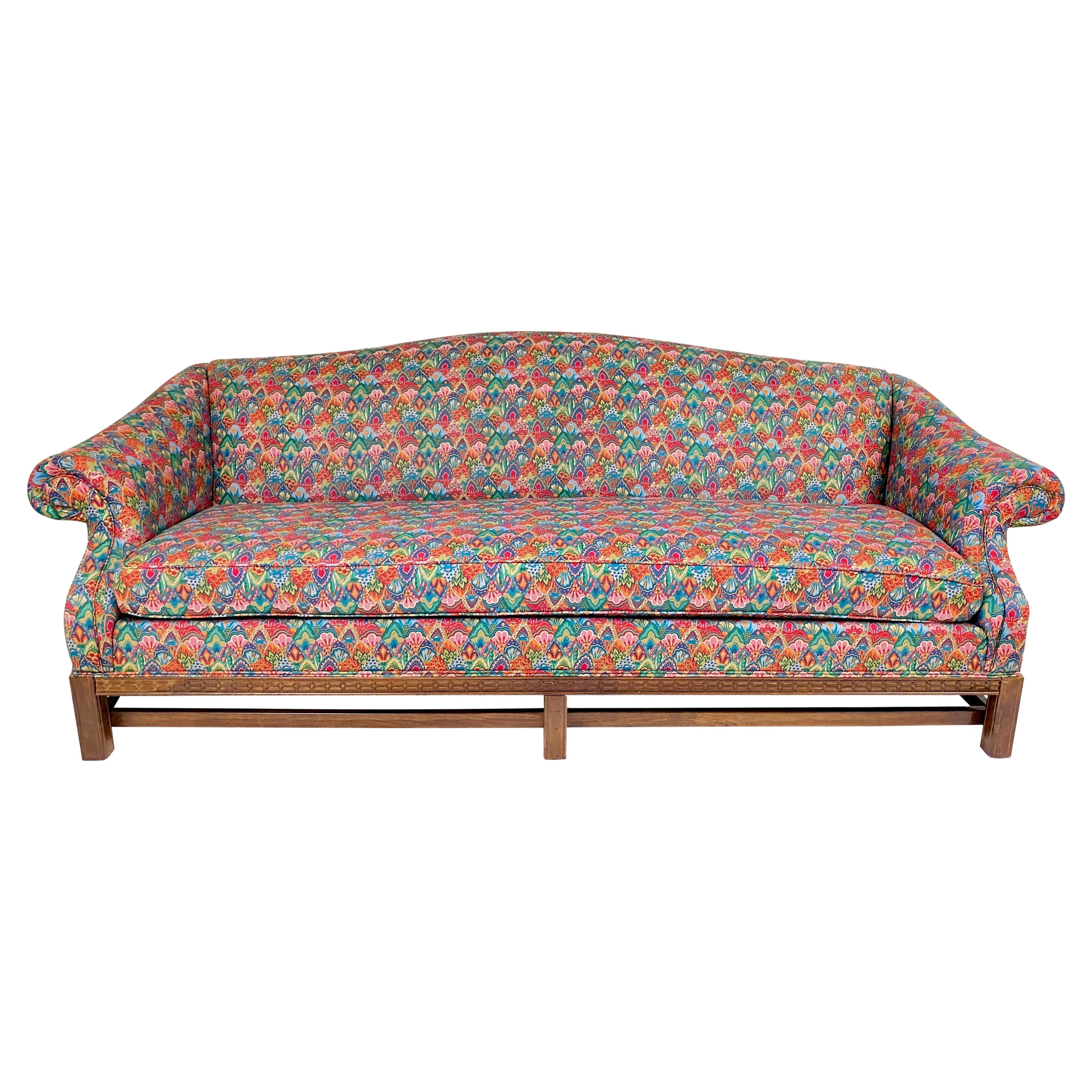 Vintage Chippendale Chintz Upholstered Camelback Sofa